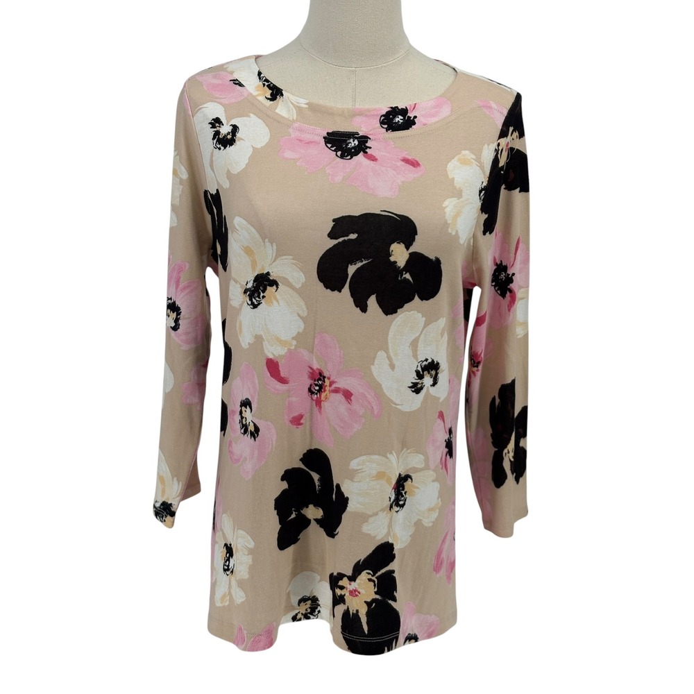 Chico's Pima Blossom Bateau Tee Pink Tan Floral 100% Cotton Size 1 M